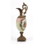 Victorian gilt metal and pink opaline ewer decorated with a lady and a child, 58cm high