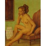 Oil onto canvas of a nude lady seated on a chair, bearing a signature Geo Donlan, framed, 50cm x