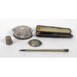 Objects comprising agate cheroot with 9ct gold mount in a fitted case, silver jewel box with