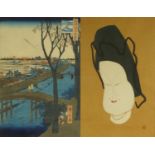 Two Japanese woodblock prints - one of figures crossing a bridge and one of a lady's head, both with