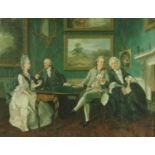 Oil onto canvas laid onto board of a Regency interior with figures playing cards, ornately framed,