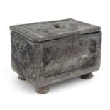 Antique lead slavery interest box, the top decorated with a man and marked 'Humanity', 13.5cm