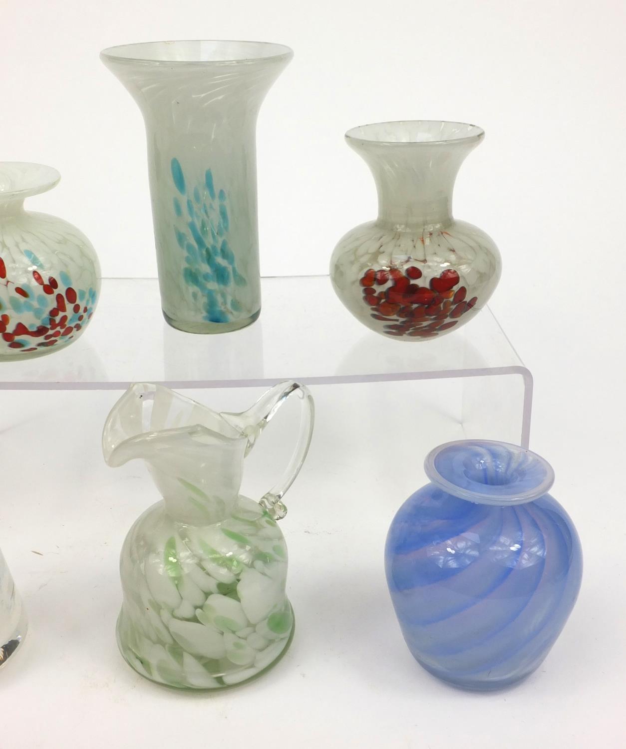 Group of Mdina colourful glassware including vases and a ewer, the largest 14cm high - Image 7 of 11