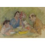 Celia Bedford - Eyeing the Foreigner - Pastel of figures eating at a table, bearing Atkinson Art