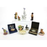 Group of collectable items including Halcyon Days enamelled trinket, Doulton figures, Pickwick and