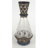 Stylish etched glass vase with stylized champlevé floral enamel mounts, initialled XF to interior,