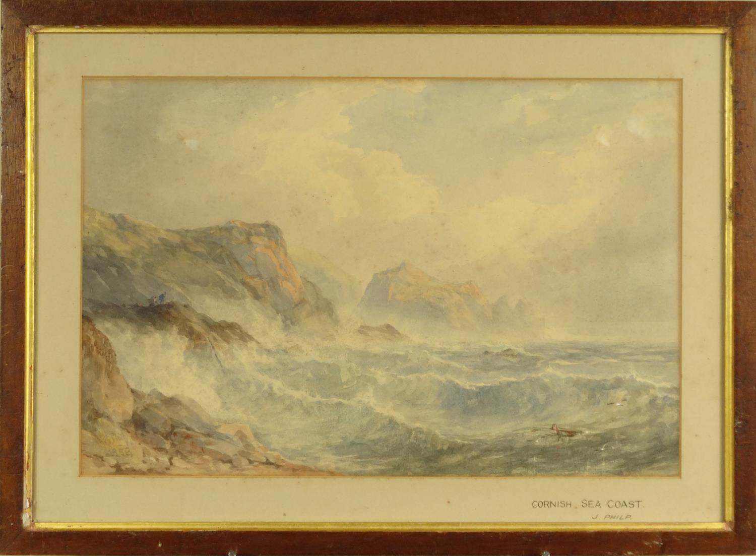 J. Philp - Watercolour titled 'Cornish Sea Coast', signed and dated 1858, mounted and framed, 41cm x - Image 3 of 7