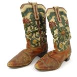 Pair of vintage Mexican cowboy boots with a Peyote cactus decoration on the shafts, approximate UK