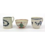 Liverpool porcelain tea bowl hand painted with oriental decoration, together with a cup and a mug,