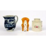 Wedgwood pottery creamware canister hand painted with flowers, pearlware jug hand painted with