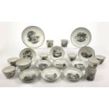 Selection of Newhall black transfer printed porcelain tea wares decorated with landscape and