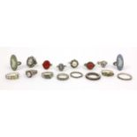 Collection of silver and white metal rings set with assorted stones, Wedgwood panels, etc,