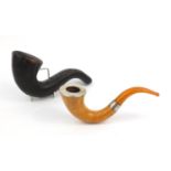 Wooden pipe with amber coloured mouthpiece and silver collar, hallmarked Birmingham 1934-35,