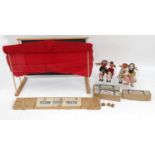 Four Pelham puppets, together with a Pelham puppet theatre - Mitzi, Fritzi, etc