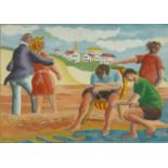 Gouache of 1950s figures on a beach, bearing a signature T. Nash, mounted and framed, 52cm x 37cm