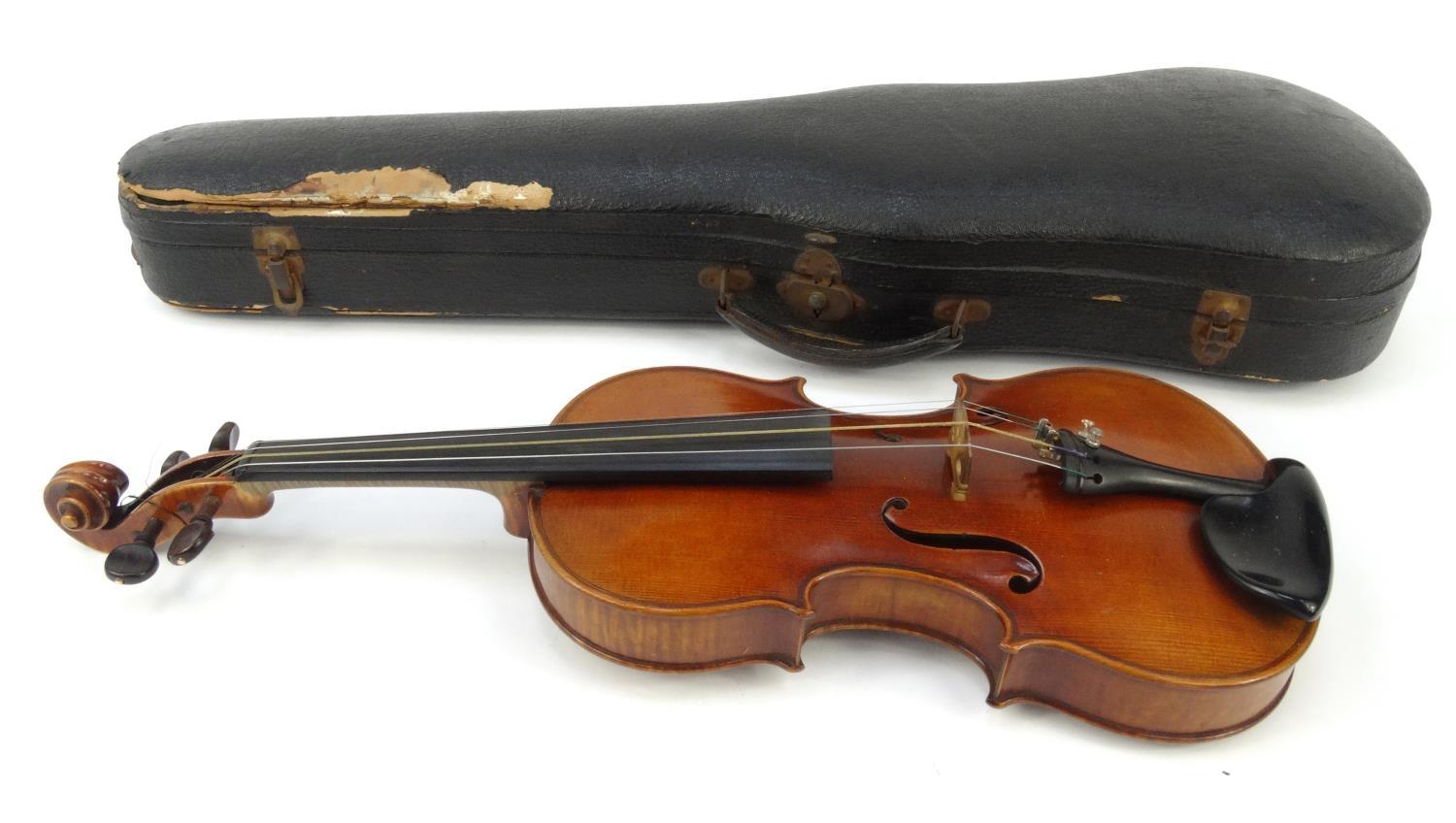 Cased wooden violin with paper label 'Paolo Fiorini Taurini 1928', the back 37cm long - Image 7 of 13