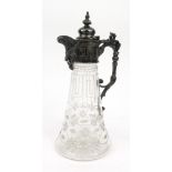 Edwardian silver plated etched glass claret jug with griffin handle and spout, 30cm high