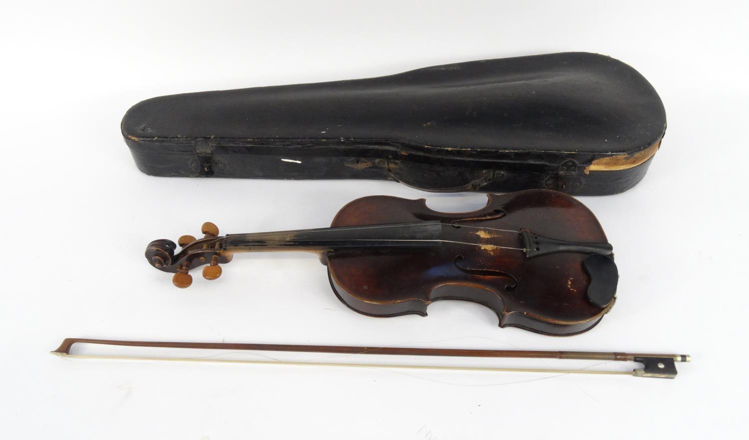 Old wooden violin and a bow with mother of pearl frog, the violin 59cm long - Image 2 of 20