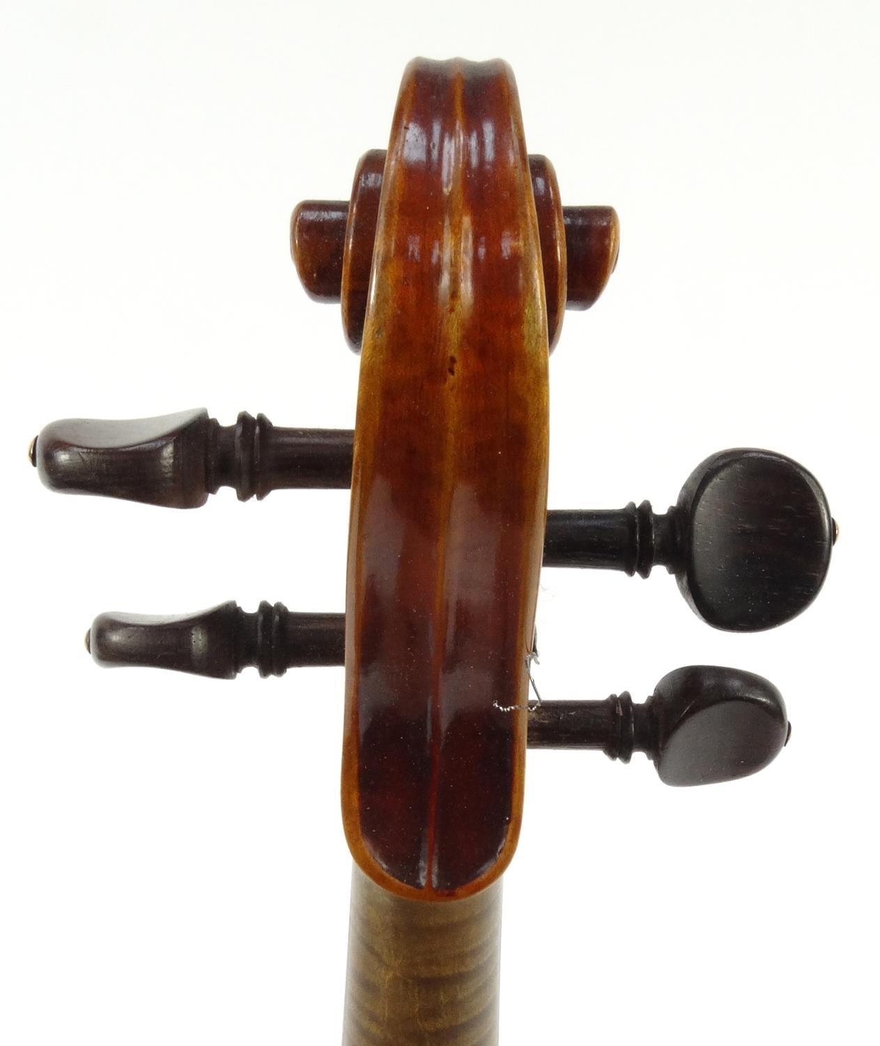 Cased wooden violin with paper label 'Paolo Fiorini Taurini 1928', the back 37cm long - Image 5 of 13