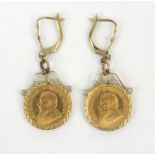 Pair of 1983 1/10th Krugerrand earrings with 9ct gold mounts, approximate weight 9.2g