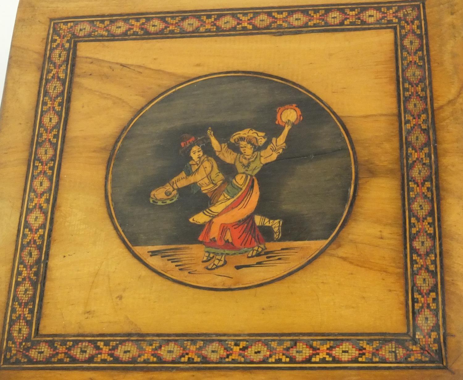 Continental wooden book shaped casket inlaid with dancers, together with a similar box inlaid with - Image 2 of 5