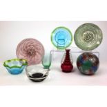 Orrefors black and clear glass bowl, green striped bowl and dish, gold flecked dishes, pink glass