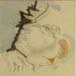 Pen and ink abstract composition of a lady's face, bearing a signature Jean Cocteau, mounted and