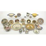 Group of French Quimper items including ashtrays, pots and covers, miniature teapot, plates, etc,