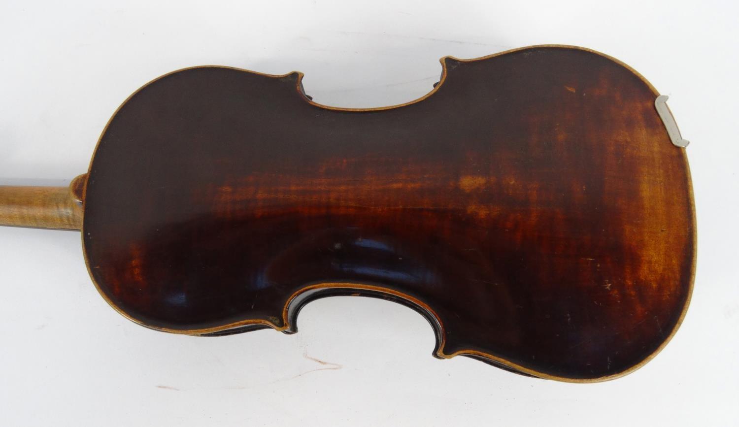 Old wooden violin and a bow with mother of pearl frog, the violin 59cm long - Image 13 of 20