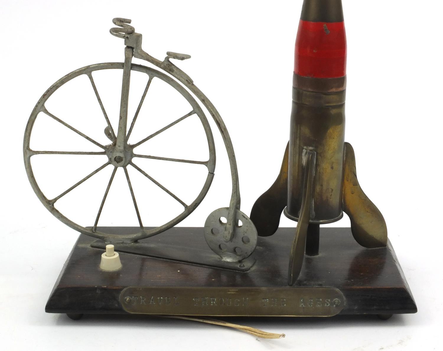 Military interest trench art table light titled 'Travel Through The Ages', raised on an oak base, - Image 4 of 11