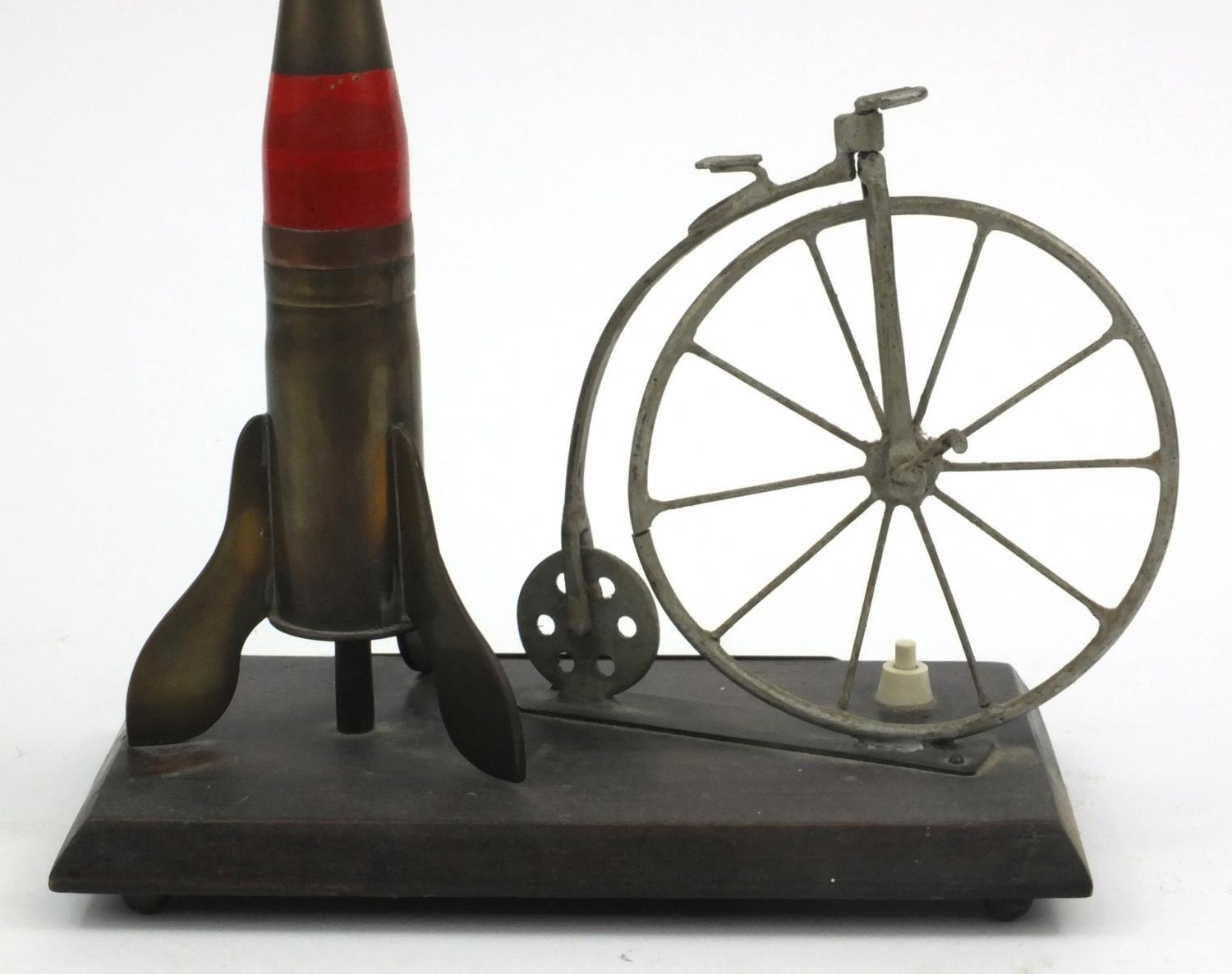 Military interest trench art table light titled 'Travel Through The Ages', raised on an oak base, - Image 9 of 11