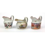 Three Newhall porcelain jugs transfer printed and hand coloured including one with oriental