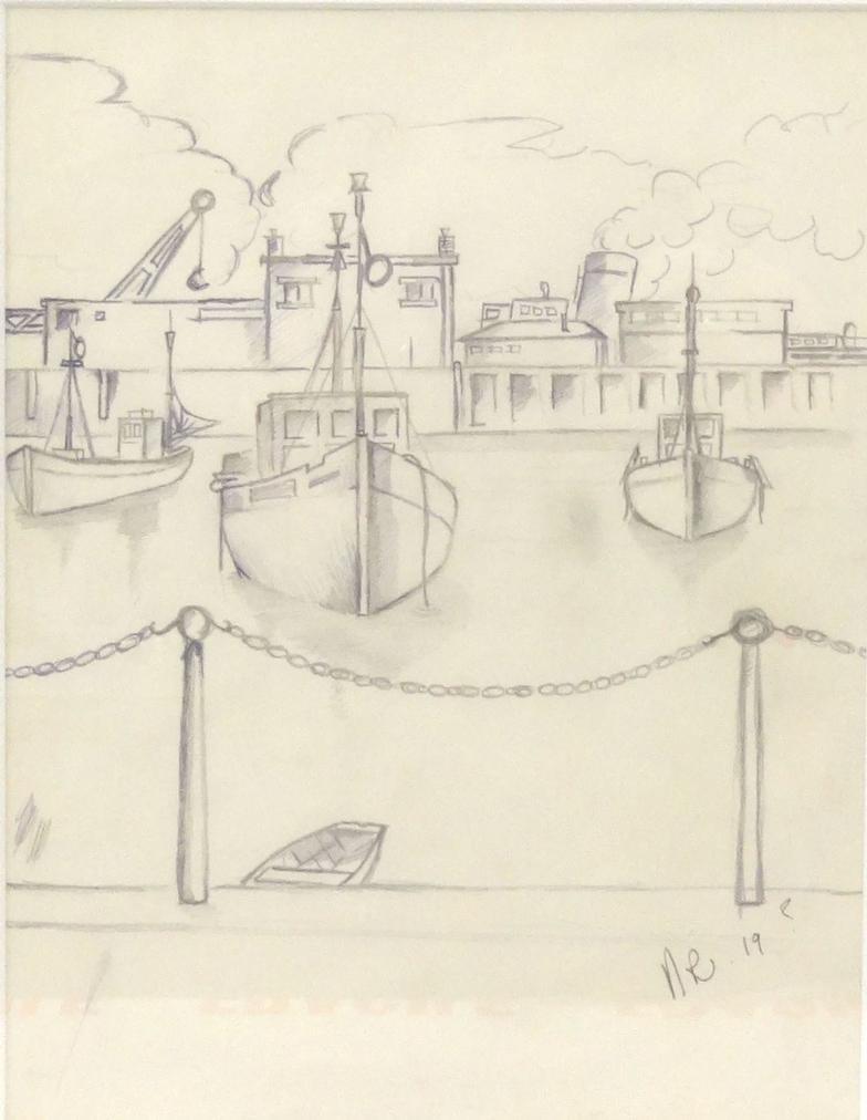 Noel Reading graphite onto paper of a port scene, signed and dated NR 19?, 24cm x 18.5cm (This lot