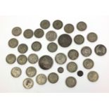 Collection of antique and later mostly silver British coinage including 1696 crown, 1889 crown, half