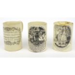 Three early Victorian creamware pottery mugs including a Masonic example, each 12cm high