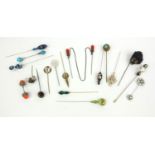 Selection of Victorian and later hat pins, cloak pin, some millefiore glass examples, the largest