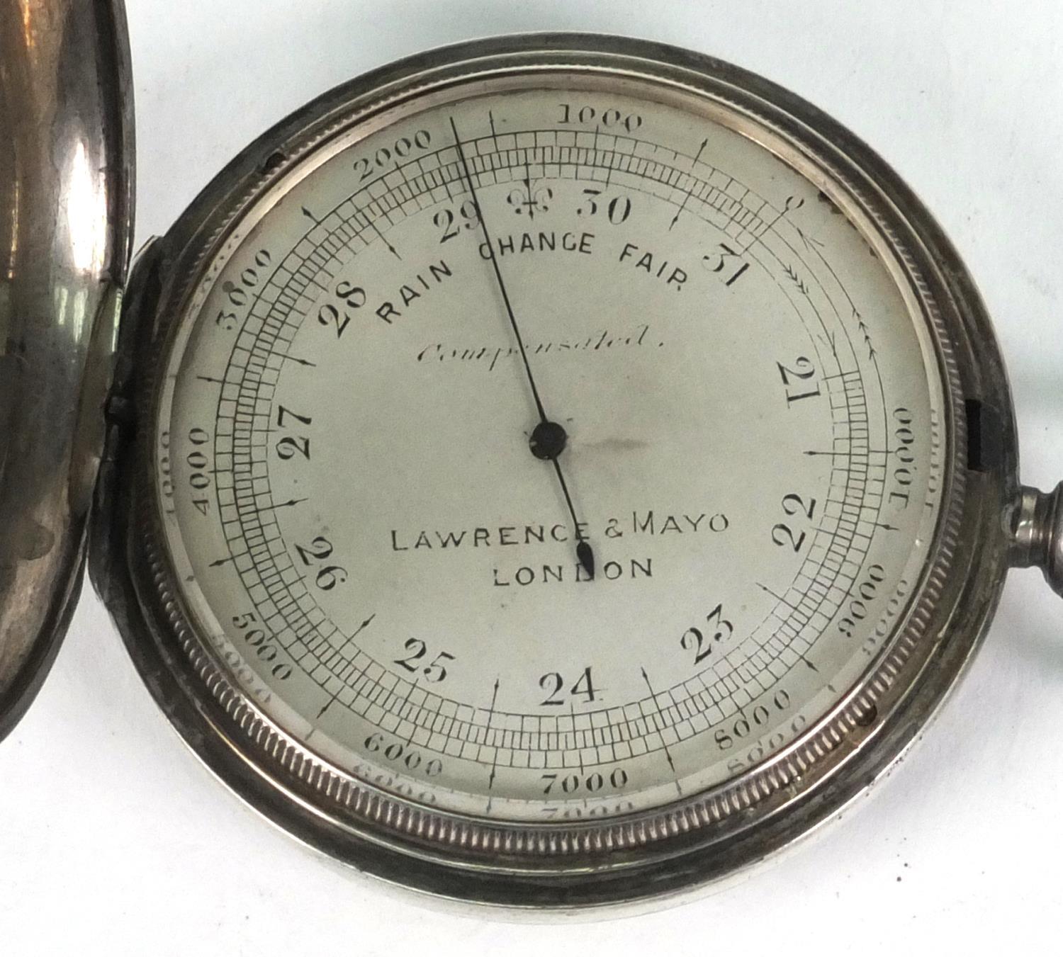 Victorian silver cased compensated pocket barometer, Lawrence & Mayo London 1892, 5cm diameter - Image 2 of 6