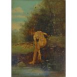 Motte Wencker - Oil onto panel of a nude lady bathing by a pool, mounted in a frame, 20cm x 15cm