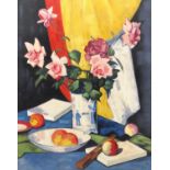 Scottish Colourist style oil onto board of still flowers in a vase, bearing an indistinct signature,