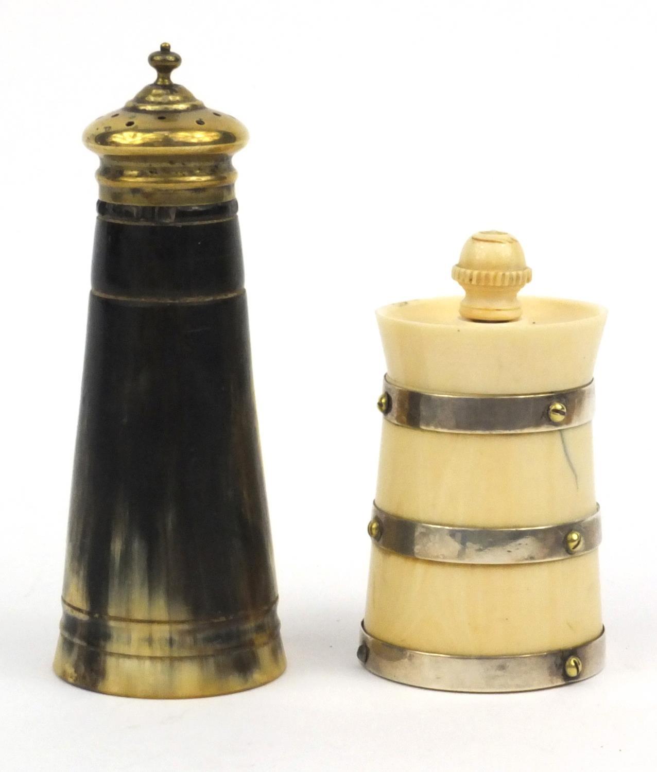 Ivory silver banded peppermill, Birmingham 1893, together with a horn pepperpot, the larger 12cm