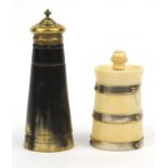 Ivory silver banded peppermill, Birmingham 1893, together with a horn pepperpot, the larger 12cm