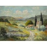 Andre Jourcin - Oil onto canvas titled 'View across the valley', signed, contemporary mounted and