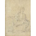 Jean-Baptiste Greuze - Pencil sketch onto paper of a seated lady, with John Manning label to the