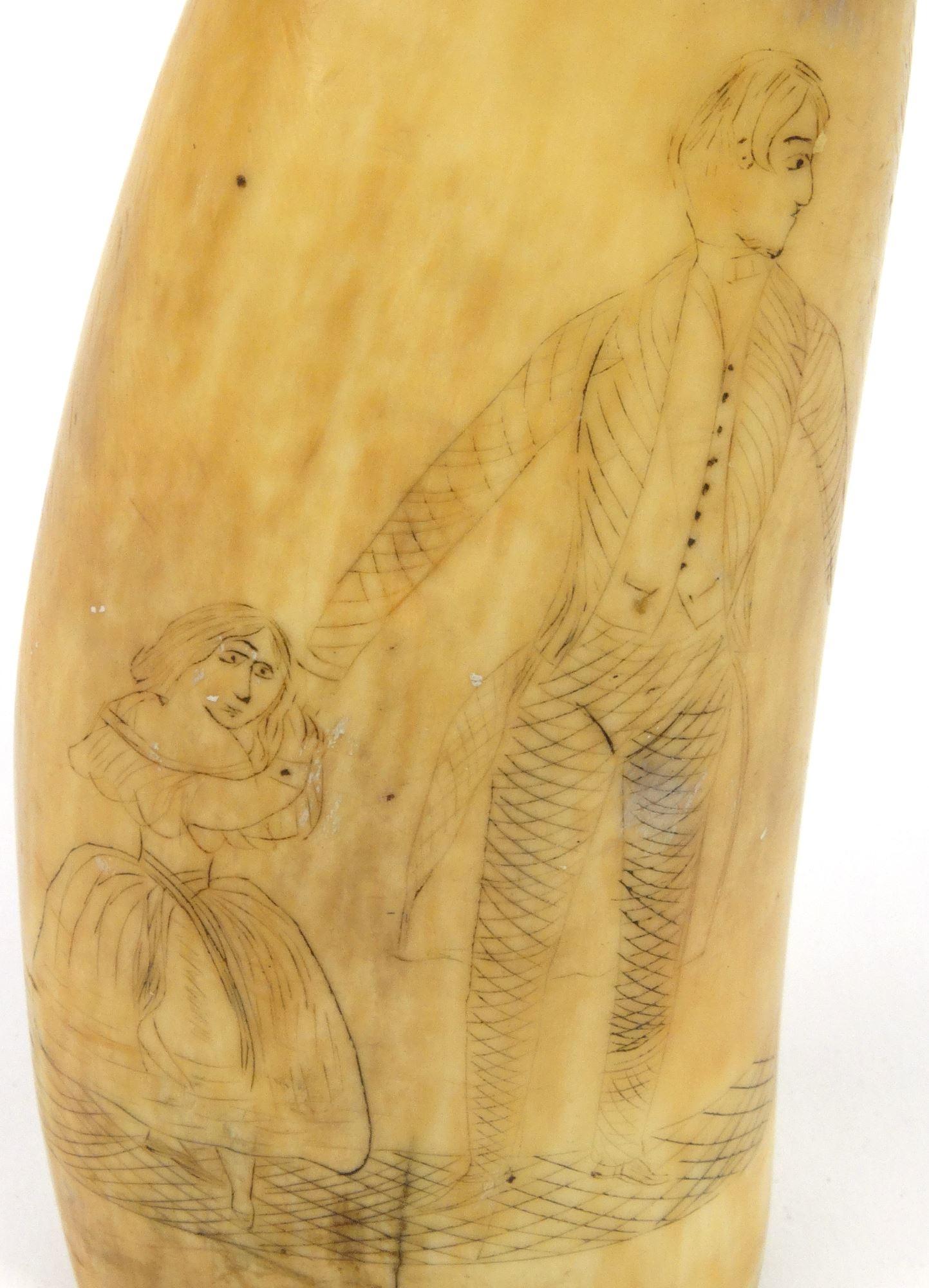 Scrimshaw whales tooth decorated with a lady and gentleman, 14.5cm high - Image 2 of 4