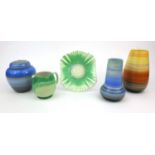 Group of Art Deco Shelley items comprising ginger jar and cover, two vases, green drip ware sandwich