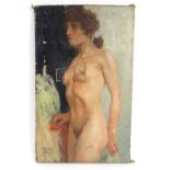 John Gleich - Unframed oil onto canvas of a nude lady standing, signed, 55.5cm x 34cm