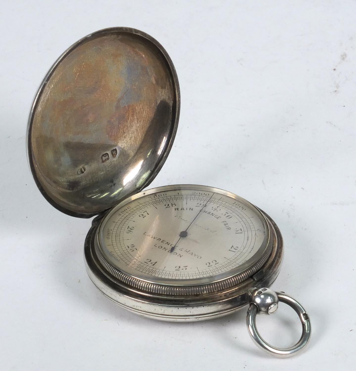 Victorian silver cased compensated pocket barometer, Lawrence & Mayo London 1892, 5cm diameter