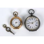 Lady's 14ct gold pocket watch with floral chased decoration, and a silver example
