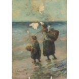 D.R. Pasquall - Oil onto board of two girls walking along the beach, 26cm x 18cm