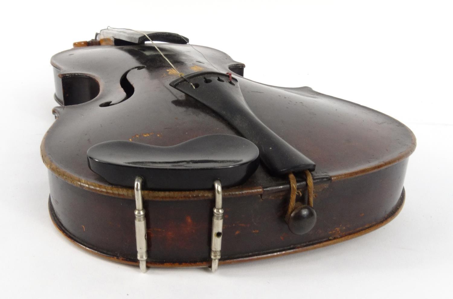 Old wooden violin and a bow with mother of pearl frog, the violin 59cm long - Image 11 of 20